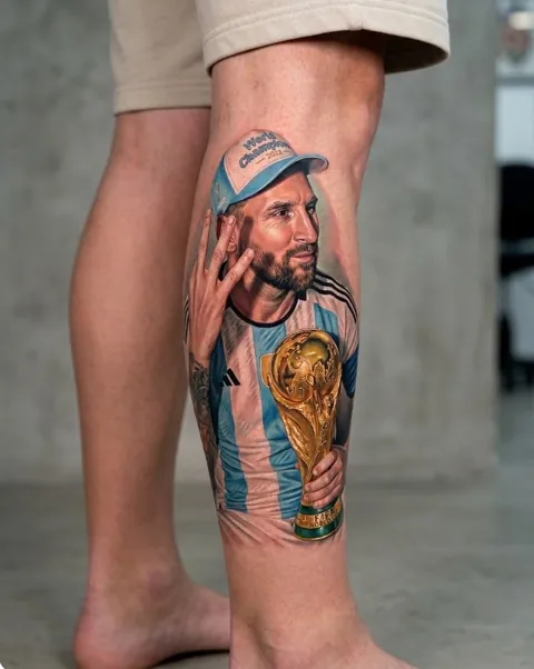 Retrato realista a color de Messi con la Copa del Mundo en la pantorrilla — Realismo